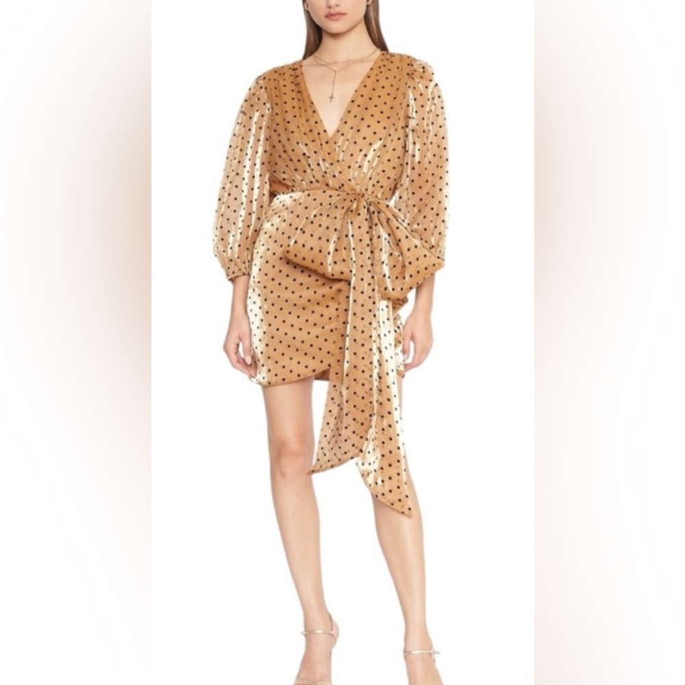4SI3NNA‎ Alora Polka Dot Dress Puff Sleeve Dress in Dark Gold and Brown - M